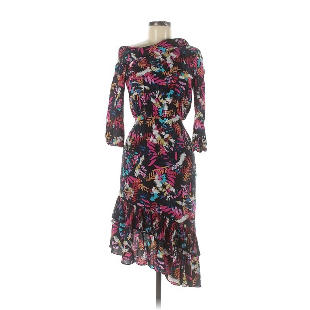 Saloni Lexi Off the Shoulder Midi Dress in Fern Print with Asymmetrical Hem.